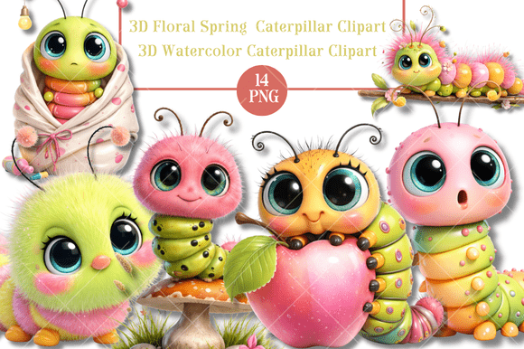 3D Floral Spring Caterpillar Clipart – A Versatile Addition to Your Creative Projects