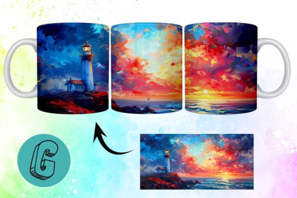 3D Oil Paint Lighthouse Mug Wrap 06: A Unique Addition to Creative Projects