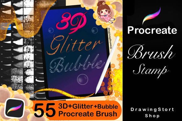 55Procreate Glitter 3D Lettering Bubbles: Elevate Your Digital Art with Versatile Procreate Brushes