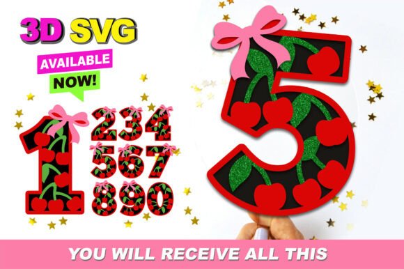 Cherry Numbers 3D SVG for Dynamic Design Projects